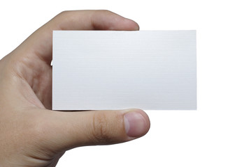 Obraz premium Hand with white textured card for your text isolated on white ba