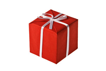 Red present box on white background
