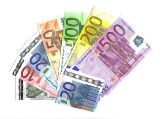 front euro banknotes, fron five to five hundred euro