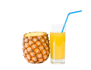 The glass of pineapple juice and ripe pineapple is isolated
