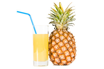 The glass of pineapple juice and ripe pineapple is isolated