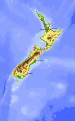 New Zealand, physical vector map, colored for elevation.