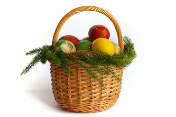 Easter basket with  eggs and green grass. Isolated on white.