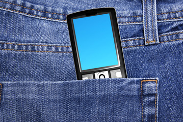 black cell phone in jeans pocket