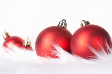 Red christmas balls with snow