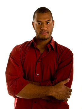 Casual Black Man in Red Shirt Arms Crossed