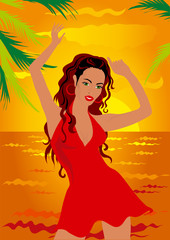Girl in red dress dancing in the beach party