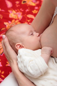 A caucasian newborn baby girl breastfeeding