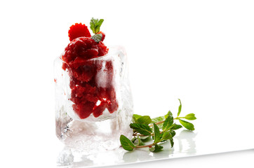 Strawberry ice cream dessert in ice cube