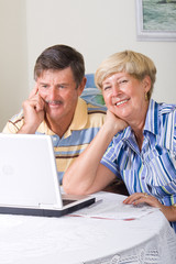 happy senior couple using computer at home