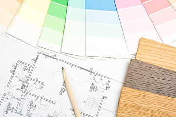 Color guide, material samples and blueprint