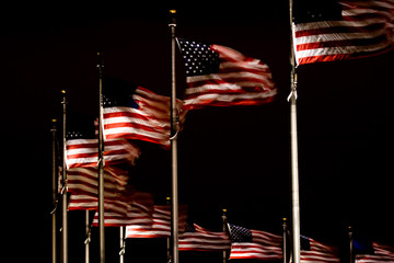 Flags at the Washington Memoria at night