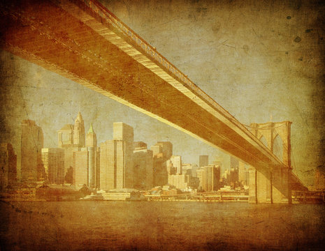 grunge image of brooklyn bridge, new york, usa