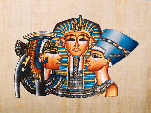 Egyptian papyrus: Tutankhamen, Nefertiti and Anhksenamon
