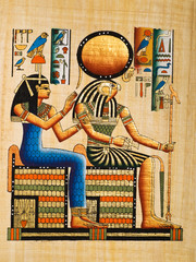 Egyptian papyrus showing the gods Re-Harakhte and Hathor