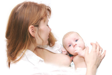 newborn baby and mother isolated on white