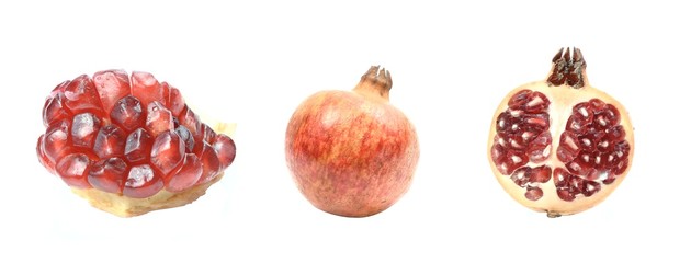 Three photos of fresh juicy pomegranate.