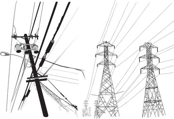 Electrical towers lines, cables and streetlight.