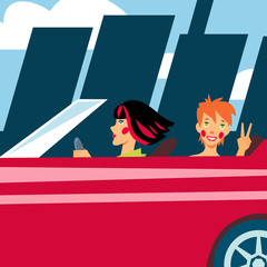 Two cheerful girls in red car going out of town
