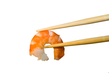 Shrimp in chopsticks.