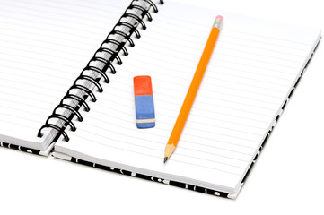notebook, pencil, eraser