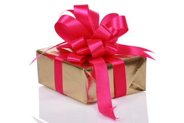 Gold present with pink ribbons