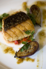 Pan-Seared Sea Bass with Grilled Baby Eggplant