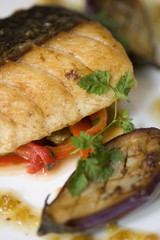 Pan-Seared Sea Bass with Grilled Baby Eggplant