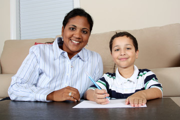 Woman and Boy Writing