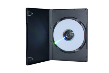 Black box with writable DVD disc inside isolated on white backgr