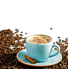 cappuccino on white background with coffee beans