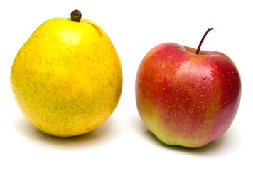 red apple and yellow pear