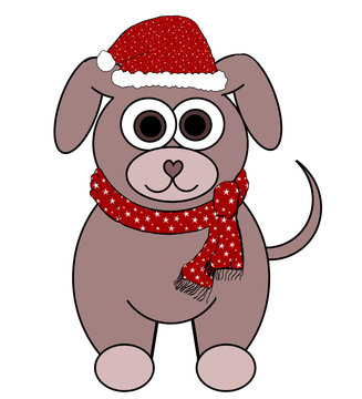 Puppy Dog In Santa Costume Cartoon - Isolated on white