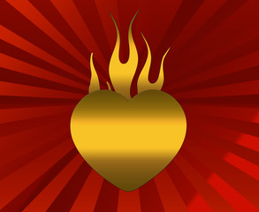 Heart with flame motif over a sunburst background