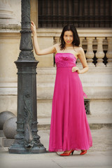 Woman in fushia dress