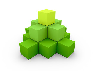 A pyramid made of similar green boxes on white background