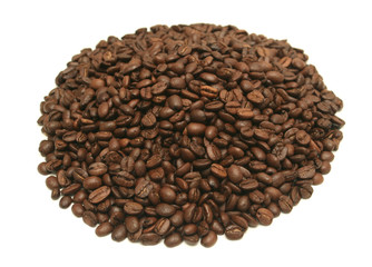Many coffee grains on a white background
