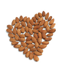 Heart made of nuts of almonds on a white background