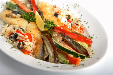 Halibut - fried a flitch with vegetables in sauce 