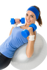 Young happy woman doing fitness exercise, isolated