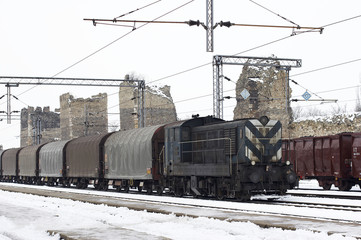 trains in freight yard winter
