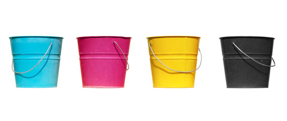 Four buckets of different colors - obrazy, fototapety, plakaty