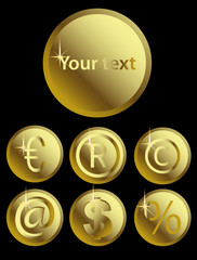 Vector illustration of shining gold signs on black