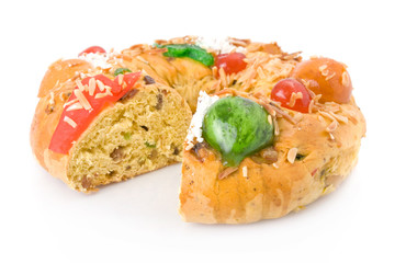 Sliced traditional Portuguese Christmas cake, Bolo Rei