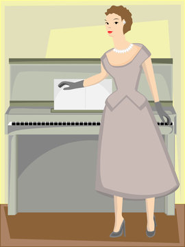 Woman standing by piano in formal gown