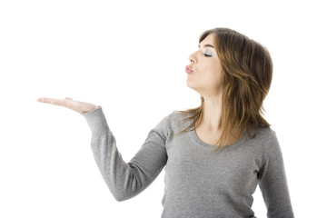 woman portrait showing something - isolated on white