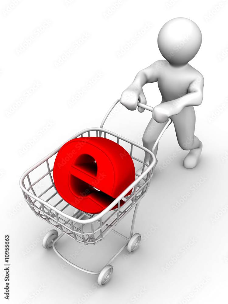 Poster man with consumer basket and sign for internet