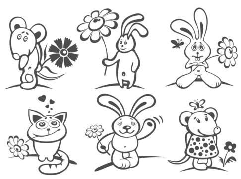 cartoon animals with flowers