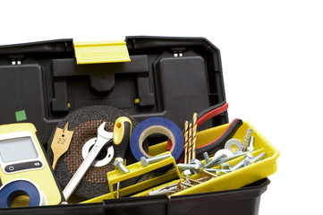plastic toolbox and tools on white background