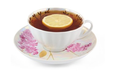 Cup of tea with lemon isolated on white background
